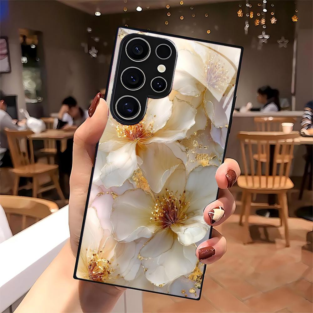 Стеклянный чехол для телефона с текстурой цветка для Samsung Galaxy S26 S25 S24 S22 S23 Ultra S21 S20 Plus 5G Матовый Нескользящий Полное покрытие