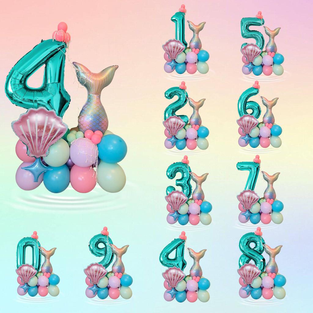 Mermaid Shell Themed Balloon Set with Numbers 1-9th Blue Purple Pink Latex Foil Balloons for Girl Princess Birthday Party Decor