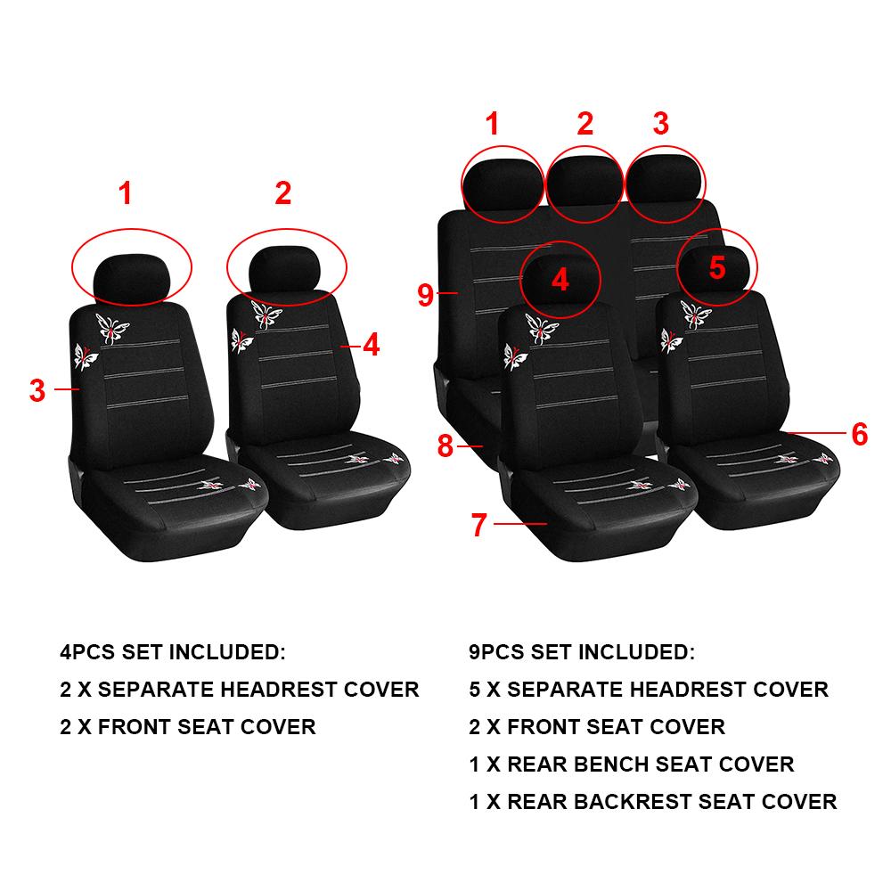 Butterfly Embroidery 4/9Pcs Set Car Covers Mat Protect Universal Fit Truck Suv Van Car Seat Protector Cushion Front Rear Car Seat Covers Set