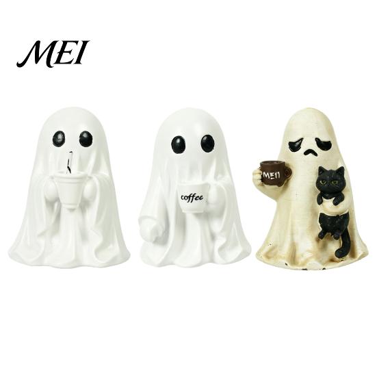 Whimsical Ghost Figurines for Halloween Cute Figurine, Resin Tabletop Ornament with Black Cat And Decorative Figures Shelves Coffee Cup Decor