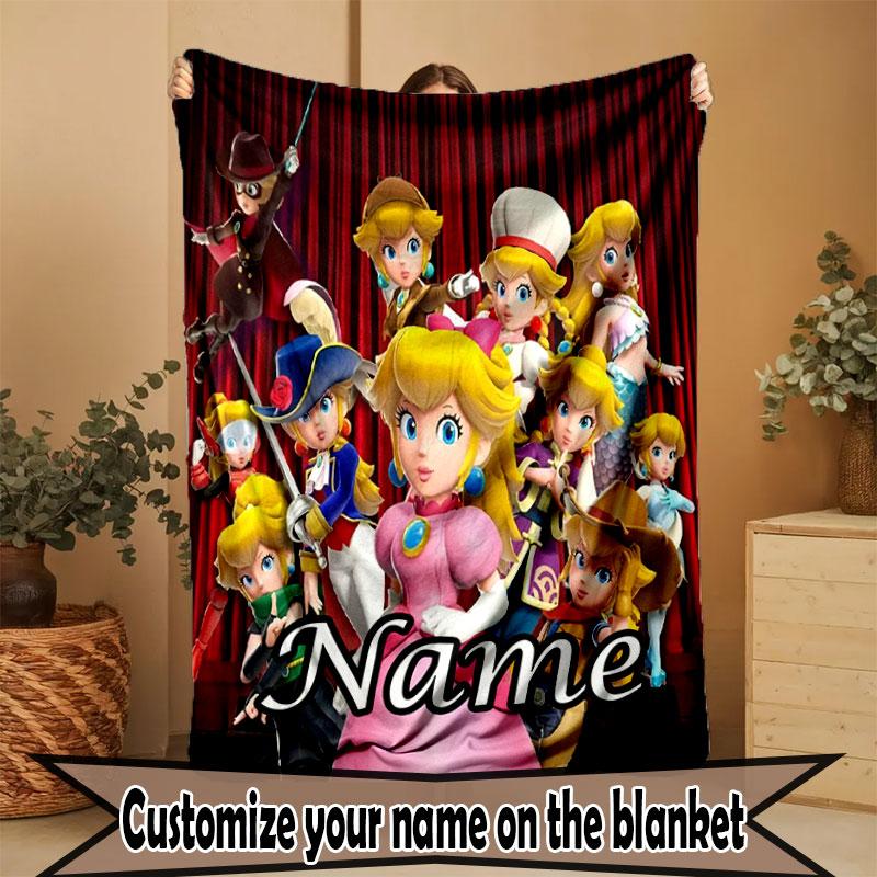 Custom Name Personalized Princess Peach Toadstool Print Blanket, Home Decor, Bedroom, Sofa, Camping, Couch, Gifts for Birthday Christmas