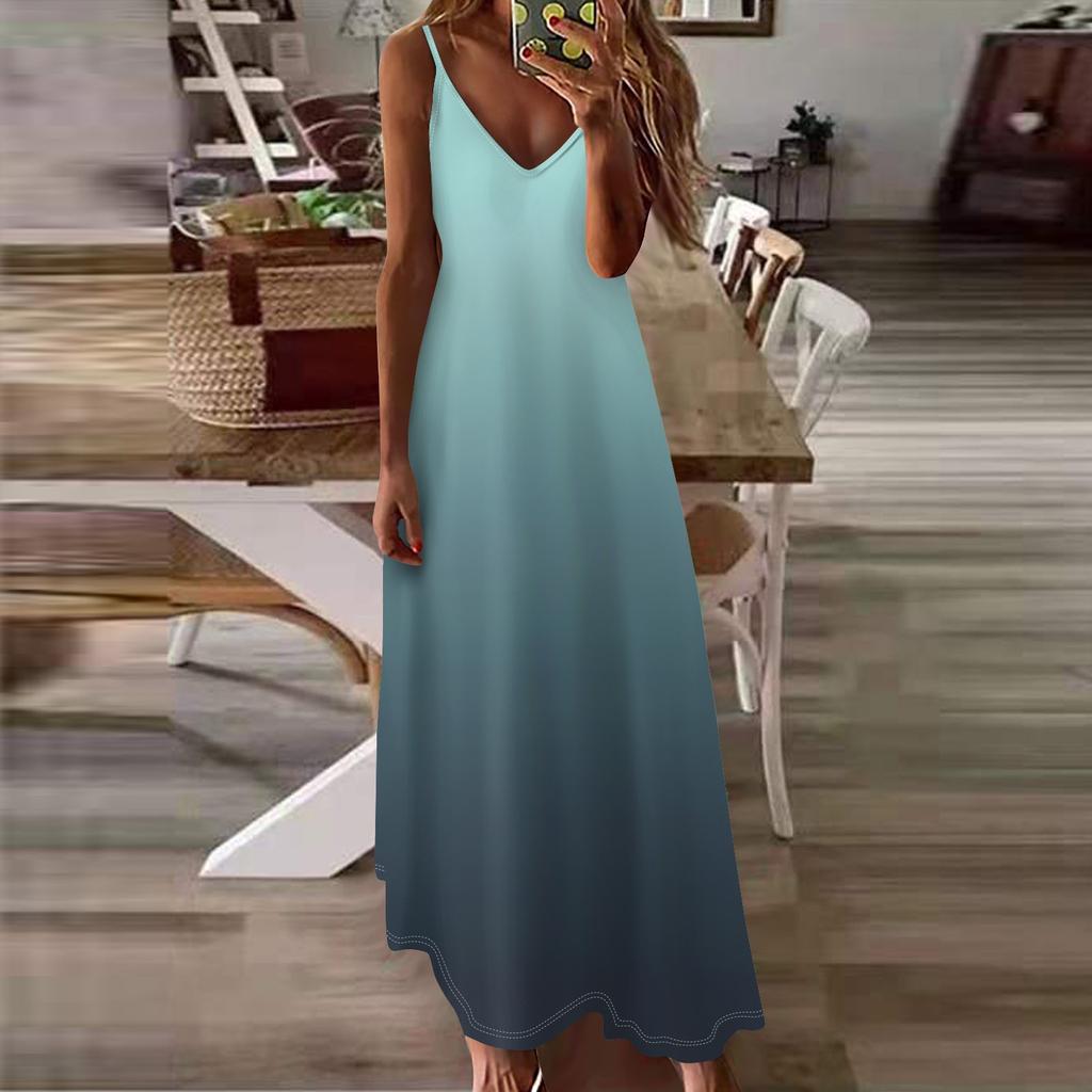 Женское летнее повседневное модное длинное платье без рукавов с v-образным вырезом и градиентным принтом, повседневные платья