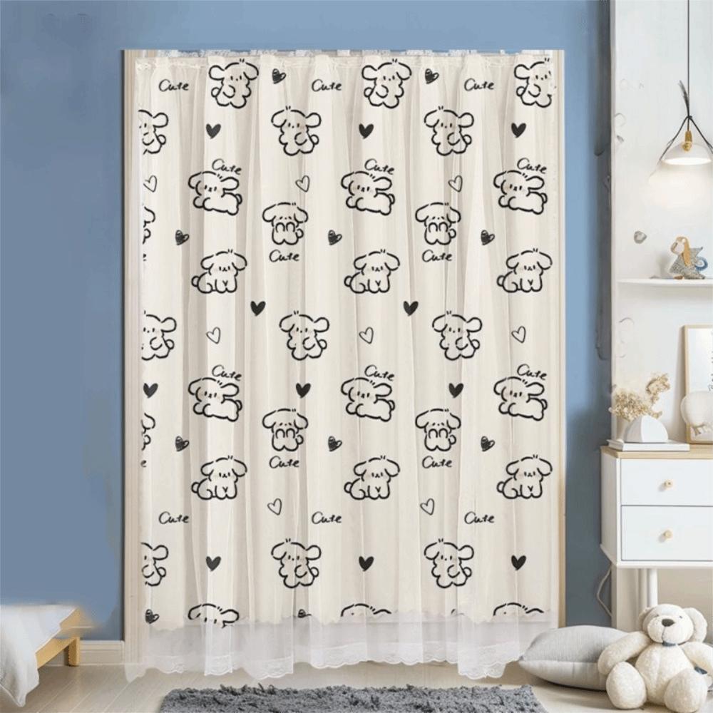 1 Pc No Drill Double Layer Curtain Cartoon Pattern with Rope Blackout Curtains Self-adhesive Bedroom Curtains Rental Housing