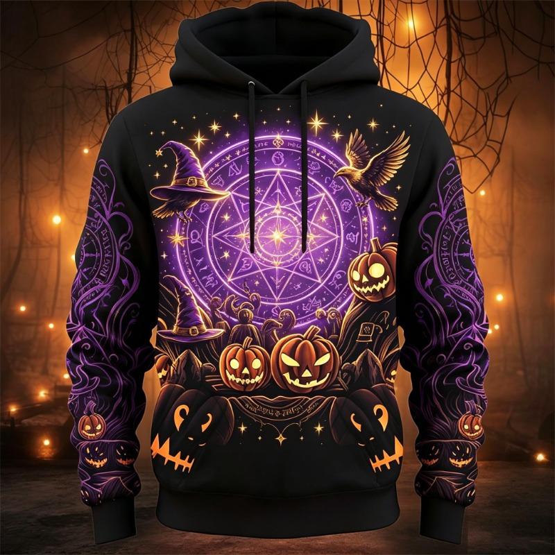 Men's Halloween Pumpkin Crow Witch Hat Pentagram Magic Full Print Hoodie Drawstring Pocket Holiday Party Pullover Sweatshirt