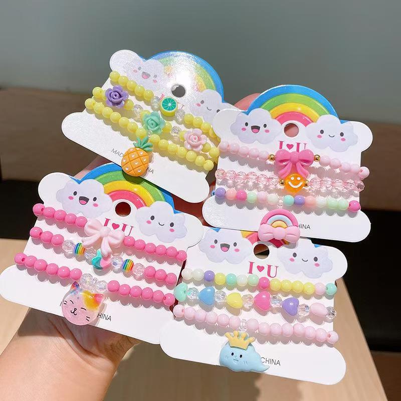 3pcs/set Colorful Acrylic Beaded Bracelet for Kids 3-12 - Rainbow Party Favors with Love Cloud Pendants Ideal Gifts