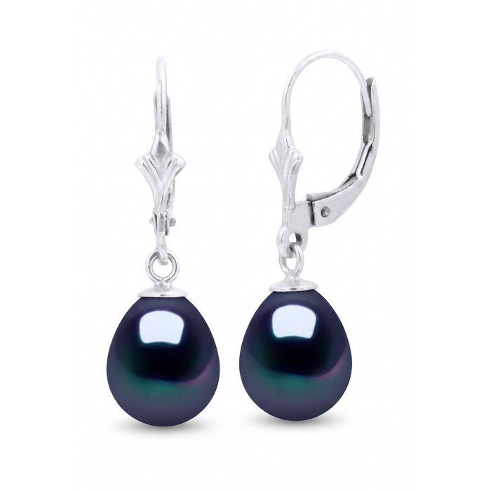 Boucles d'oreilles - PEARLS & COLORS - Pendantes - Perle d'eau douce poire 8-9 mm - Bleu - Or blanc 9 ct