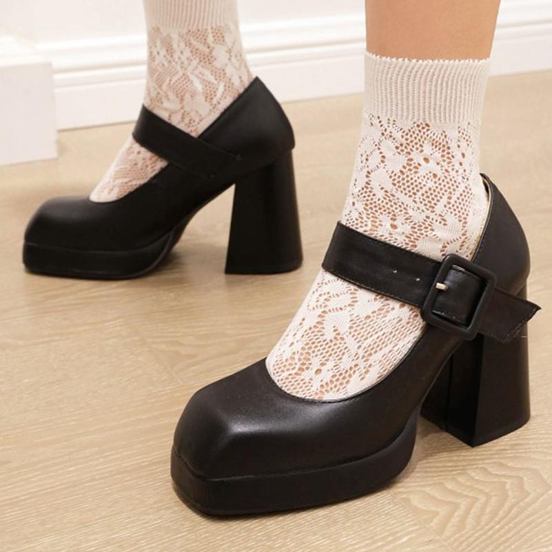 Женские туфли-лодочки из искусственной кожи на толстом высоком каблуке с квадратным носком, лаконичные вечерние туфли Мэри Джейн на весну и осень, черные, белые, красные туфли на платформе