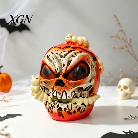 Resin Horror Tabletop Props Halloween Skull Apples Statue, Gothic Spooky Decor with Worm, Prop for Party Haunted House, Unique Gift Secret Room