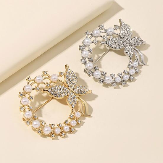 Anti-Exposure Brooch Round Women Shape Brooch with Rhinestones Imitation Pearls Suits Coats Sweaters Pin Commuting Dating