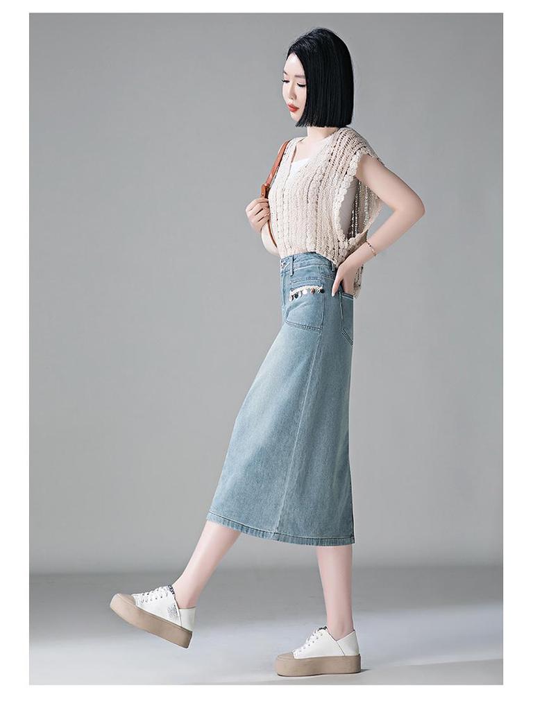 Women's Light Blue High Waist Denim A-Line Skirt with Slit - Spring 2026 Fashion