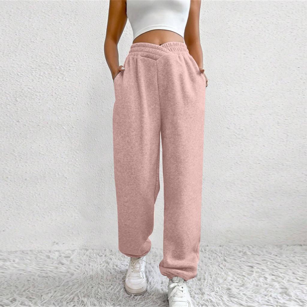 Women's High Waist Solid Color Casual Trousers Workout Sports Joggers Pants With Pockets