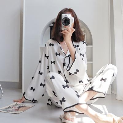 Пижама женская весна и осень бант длинный рукав популярный интернет популярный домашний костюм