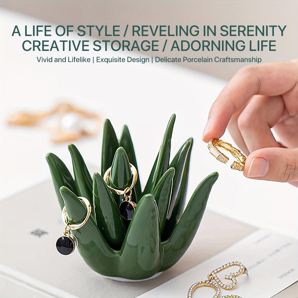 [Керамическая подставка для колец в виде кактуса] Зеленая керамическая подставка для колец в виде кактуса | Органайзер для ювелирных изделий для колец, серег и аксессуаров, идеально подходит для домашнего офиса, для декора стола