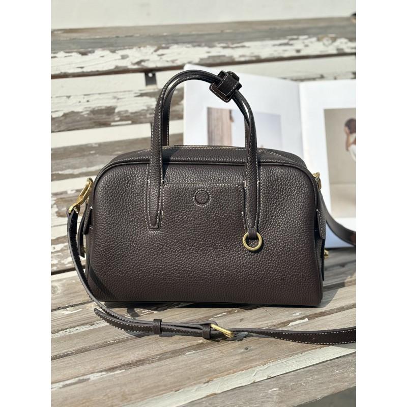 Genuine Leather Bowling Bag Vintage Style Crossbody Tote Women Medium Size Black Gray Dark Brown