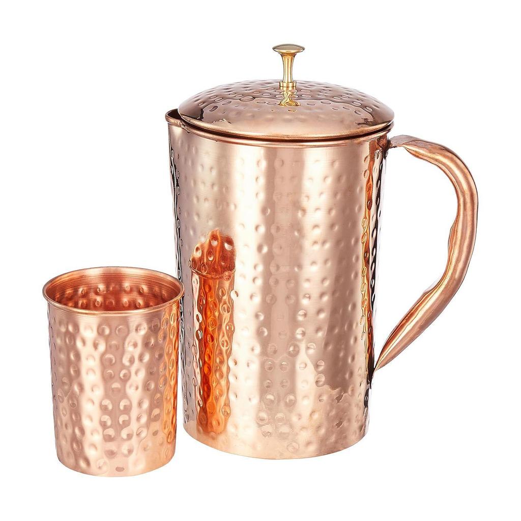 Hammered Copper Jug with Copper Glass, 1350 Ml, Copper Jug with Copper Glass, Hammered