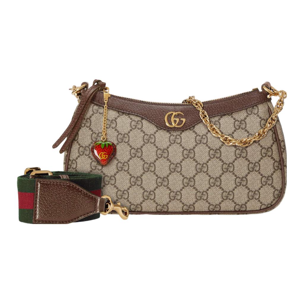 Gucci GG Marmont Канвас Подвеска-клубника Сумка на плечо Бежевый Коричневая кожа Web-полоса Ежедневный шопинг 735132-FABLE-9442