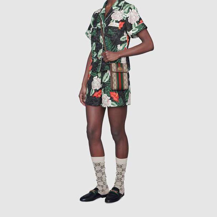 Gucci Сумка для телефона Ophidia с полосками из канвы Web и кожи, унисекс, на плечо, цвет Эбеновое дерево 625757-96IWT-8745