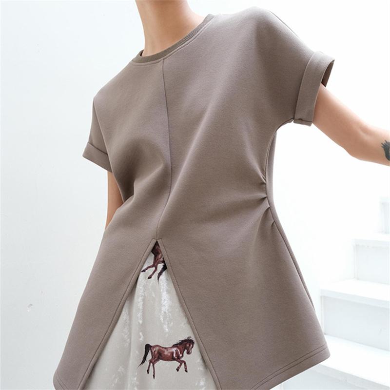 2022 Summer Solid Simple Elegant Ladies Tops Fashion Harajuku Dovetail Split Design Short Sleeve Tshirts Women O-neck Folds Slim