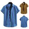 Men's Fashion Cotton Linen Stripe Print Short Sleeve Button Shirt Blouse Top