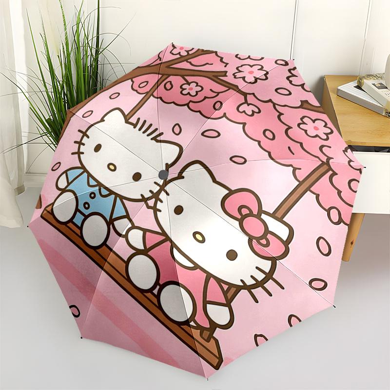 1pc Hello Kitty Cherry Blossom Swing Design Automatic Opening/Closing Umbrella - Portable Three-Fold Design with 8-Bone Iron Frame - Outdoor - Ideal G