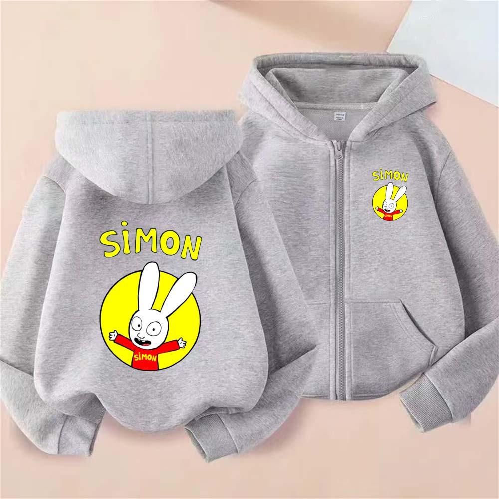 Simon Kids Funny Cartoon Print Spring Autumn Casual Zipper Hooded Sweatshirts 2-13 Years Boys Girls Simple Streetwear Clothing