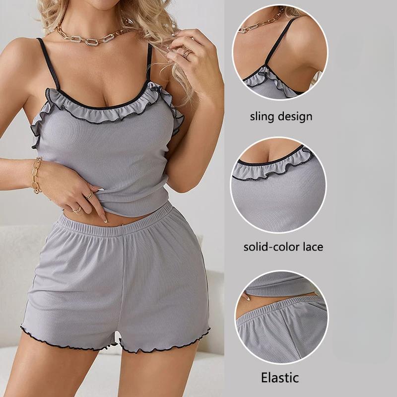 Two-Piece Set School Pajamas Women Loungewearsexy Lace Halter Shorts Casual Comfortable Grey Girl Homewear Solid Sleepwear