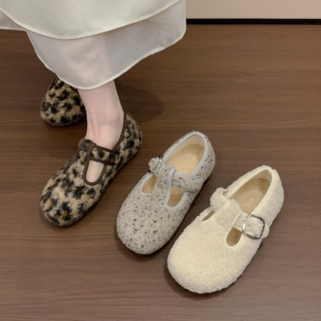 Gentle wind gray fluffy shoes outer wear year season flat soft sole velvet cotton Mary Jane shoes