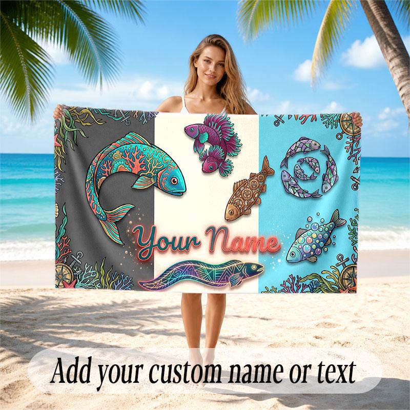Fish Ocean Theme Beach Towel Personalized Custom Name & Text Soft Quick Dry Beach Towel for Swimming Travel