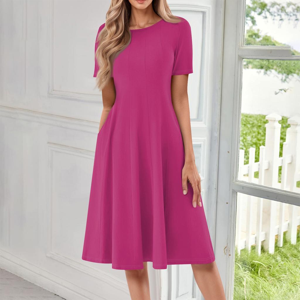 Женское повседневное и модное платье с круглым вырезом и коротким рукавом, однотонное, средней длины