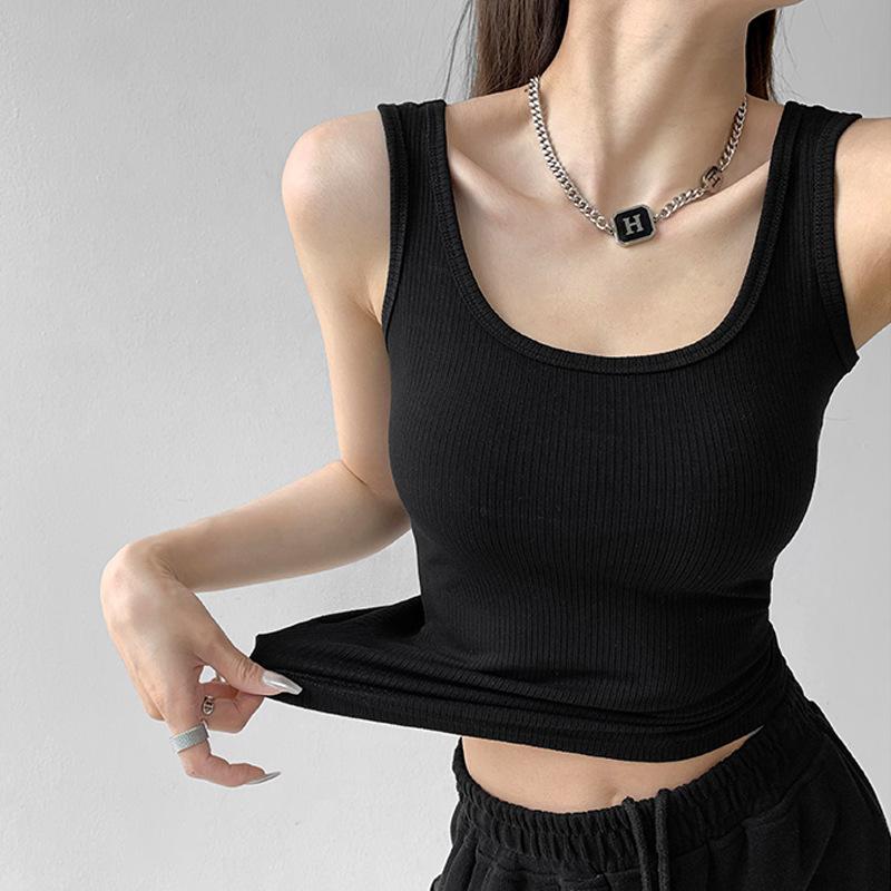 Women's Summer Outer Wear Spice Slim Sleeveless High Stretch Yo Cotton U Neck Tight Sexy Sports Bottom Tank Top