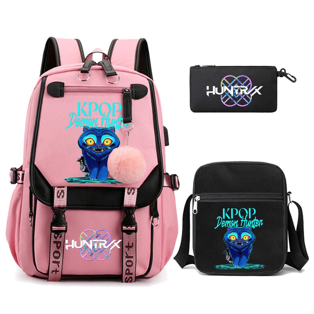 3Pcs/set Anime Cute Kpop Demon Hunters Printed Backpack with Shoulder Bag Pencil Case for Teenager Girl Boy Bookbag Large Capacity Travel Bag Kid Gift