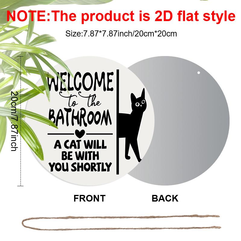 2D Flat Aluminium Bathroom Welcome Sign with Black Cat Pattern - Funny Decorative Sign & Plaque - Ideal for Bathroom Wall Decoration - Home Hanging