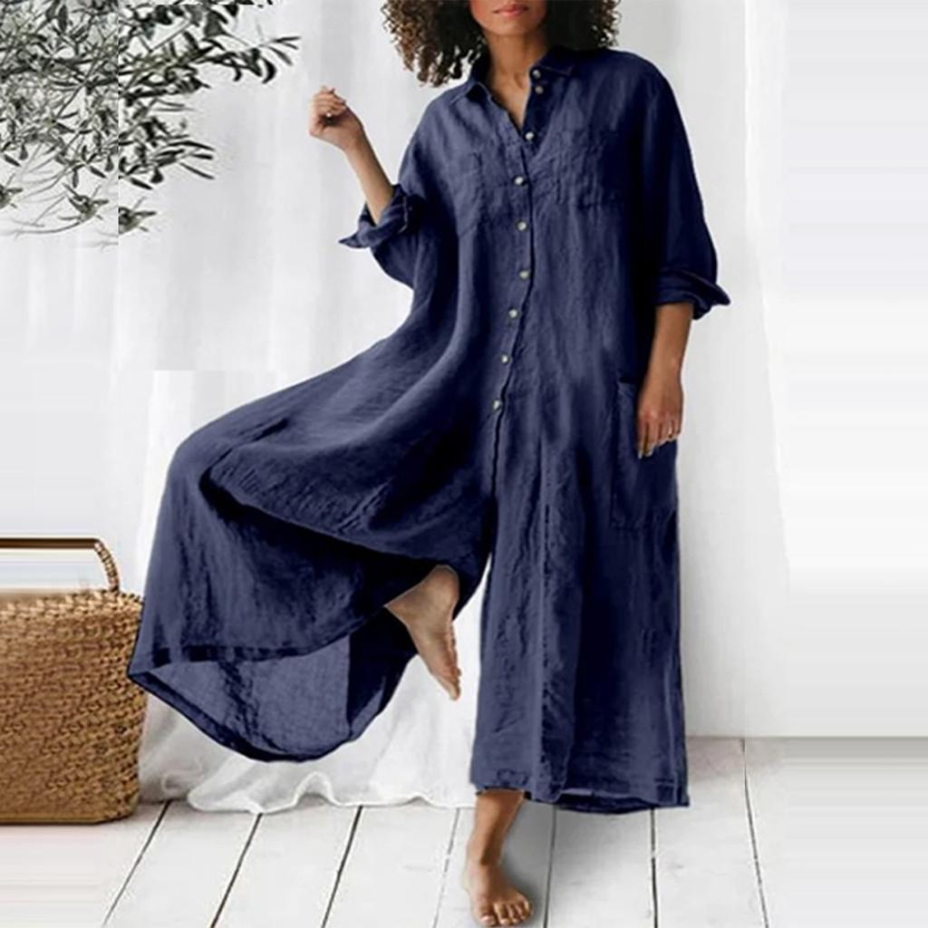 Женский модный свободный повседневный однотонный комбинезон с рукавами 3/4 и v-образным вырезом на пуговицах