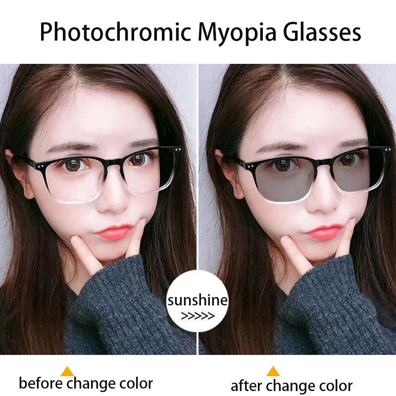 Trendy Blue Light Blocking Women Myopia Photochromic Eyeglasses Square Frame Color Changing UV400 Prescription Eyewear 0To -6.0