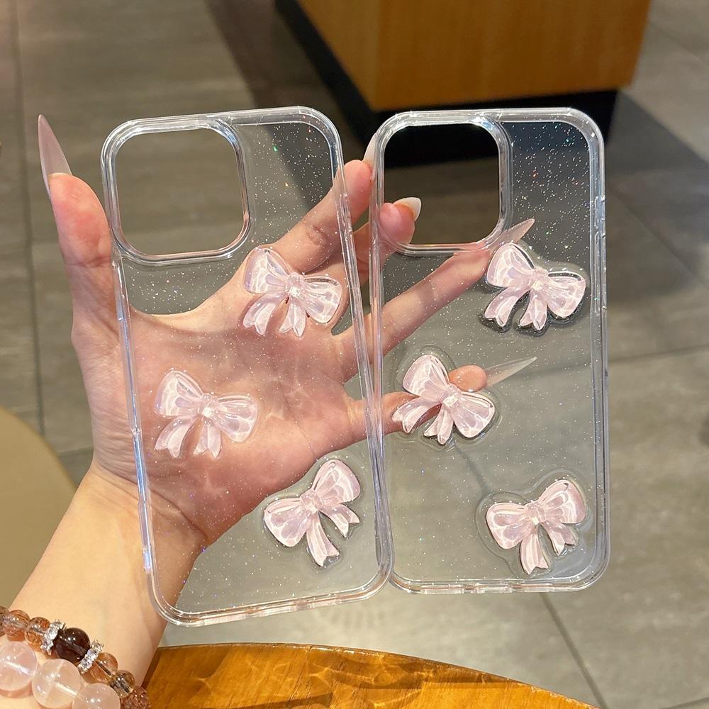 Милый 3D Розовый Бантик Блестящий Чехол для Телефона iPhone 17 16 15 14 13 12 11 Pro Max Plus Роскошный Прозрачный Ударопрочный Бампер
