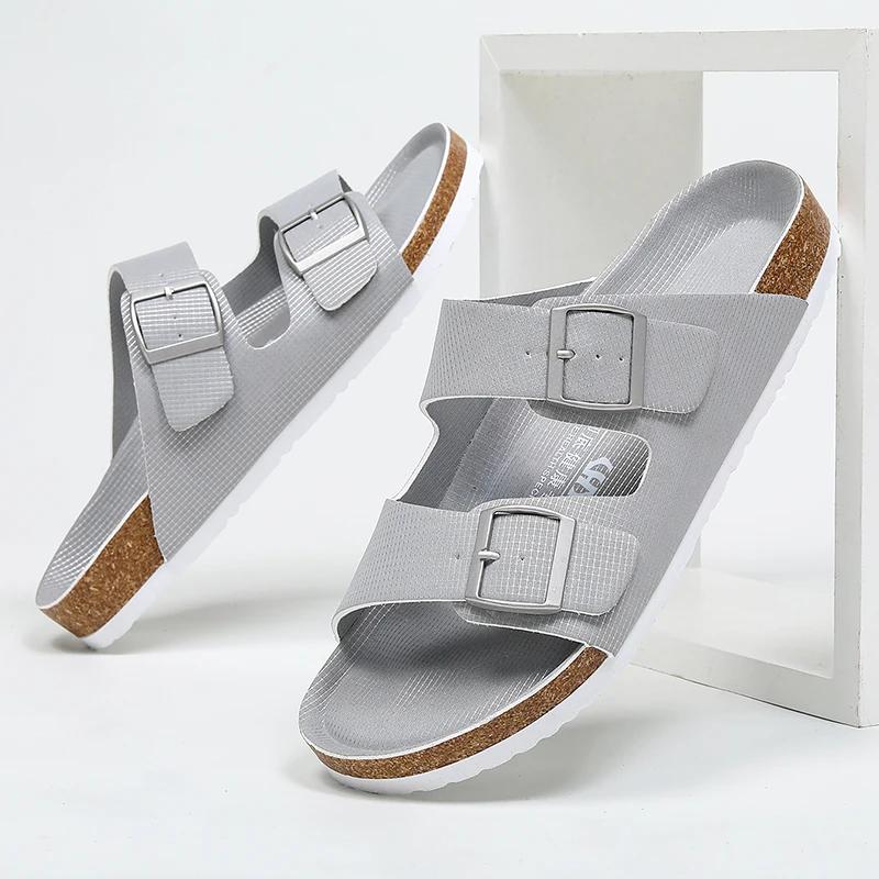 Толстая подошва мужские пробковые тапочки летние повседневные двойные пряжки нескользящие сабо шлепанцы мужские кожаные пляжные туфли для отдыха комфорт