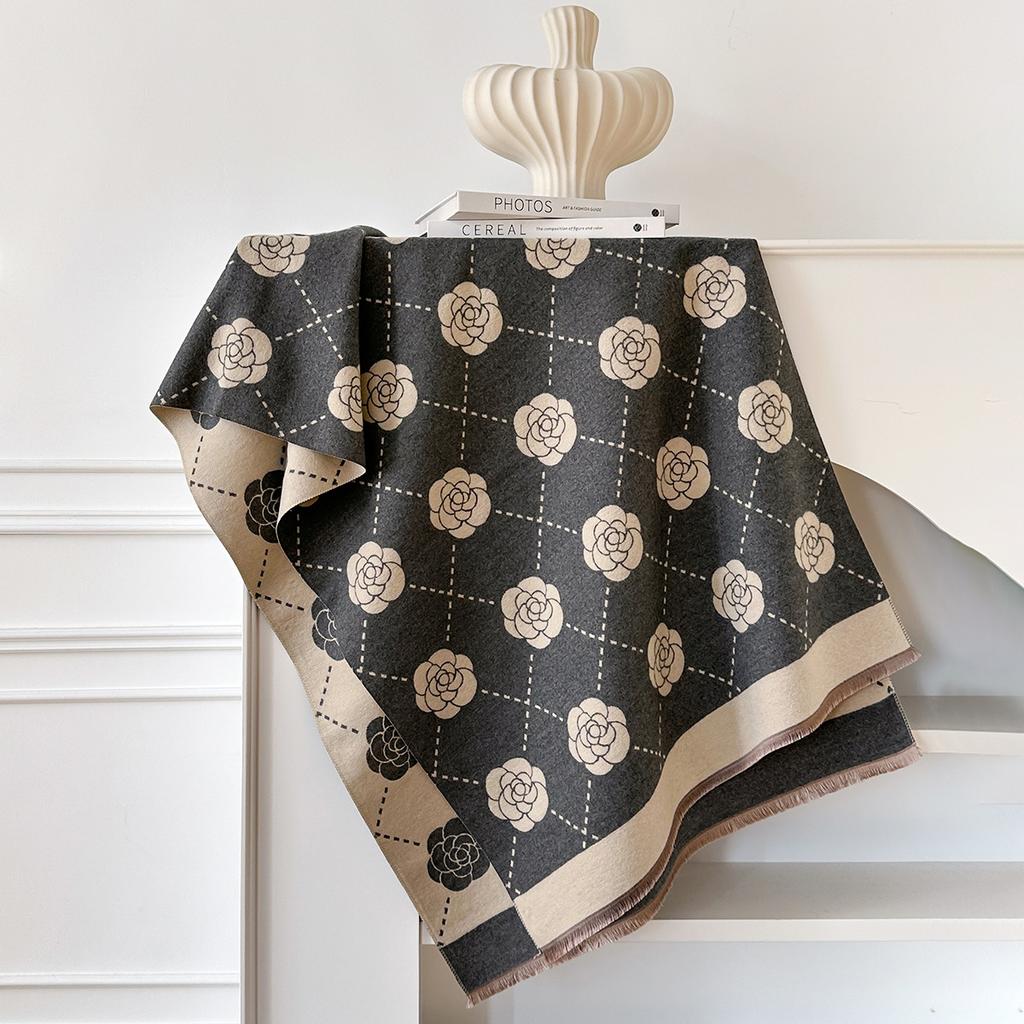 Winter Small Fragrance Outside With Versatile Camellia Imitation Cashmere Scarf Shawl Women'S Long Versatile Warm Scarf