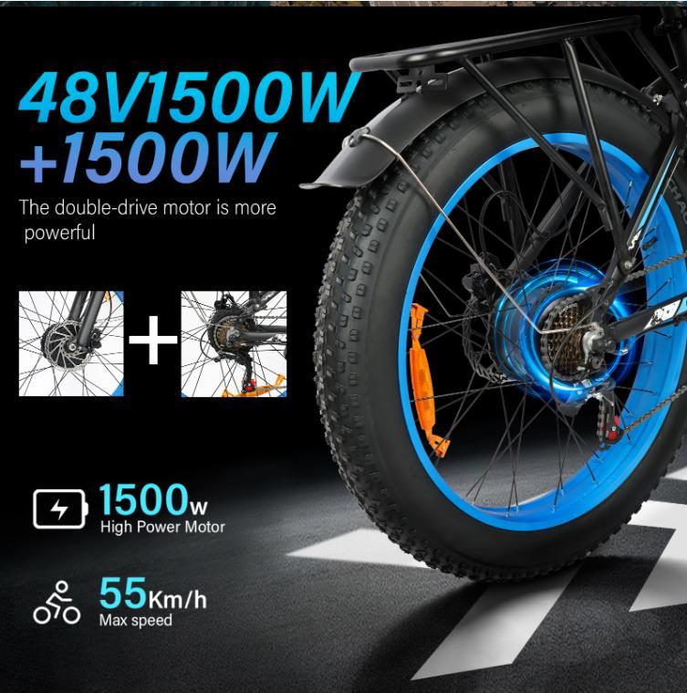 Ebike New BLJ DP-2603 3000W Dual Motor 52V 32AH Battery, Front and Rear Shock Absorption, 26-inch Snow Tires, Adult E-Bicycle.