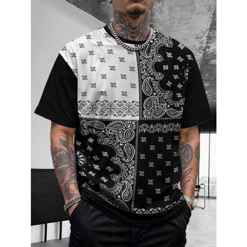 Bohemian Bandana Patterned Short - Sleeve Tops Summer Round Neck 3D Print Fashionable Casual Men's T-shirts