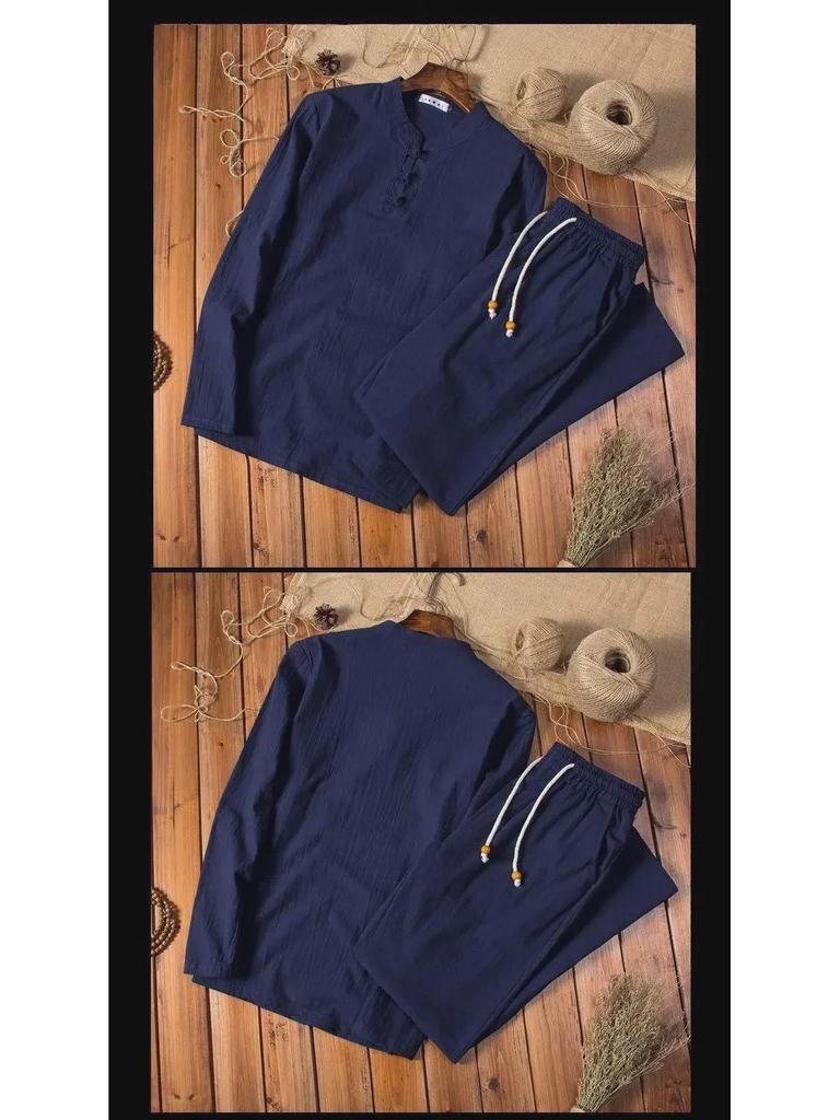 Мужской льняной костюм в китайском стиле: Летний комплект из двух предметов с футболкой с длинными рукавами, смесь хлопка и льна.