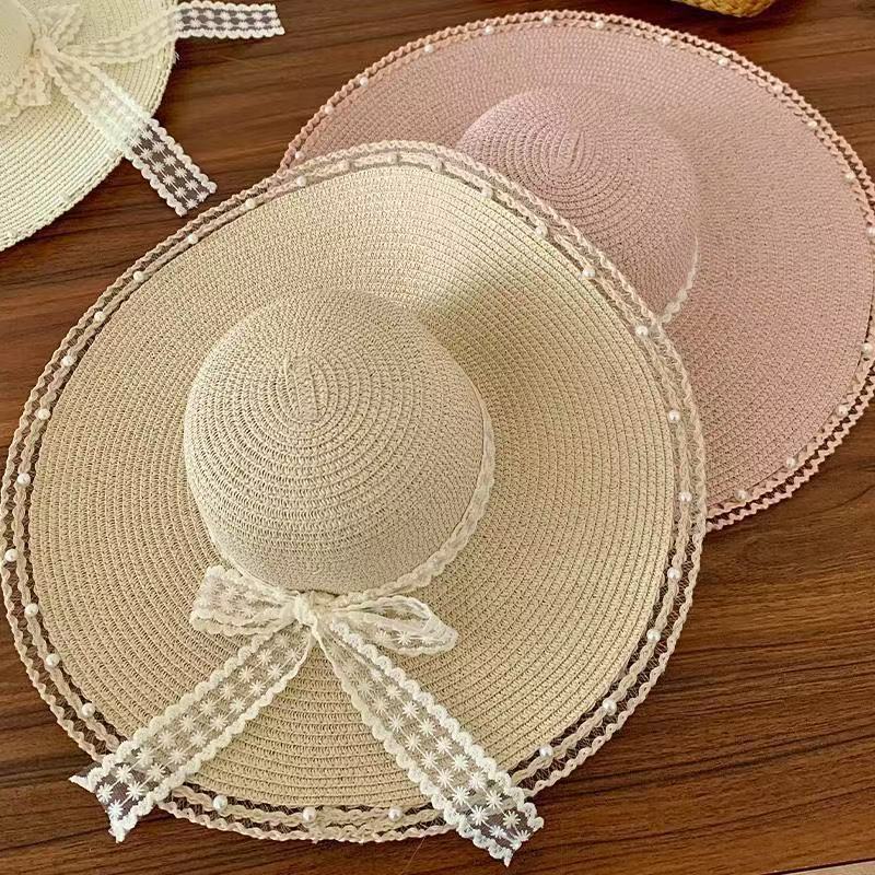 New bow lace straw hat women's summer seaside beach vacation sun hat large brim sun protection hat