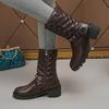 Large Size Women's Leather Boots Autumn and Winter New Retro Plaid Belt Buckle Round Head Thick Heel Medium Boots