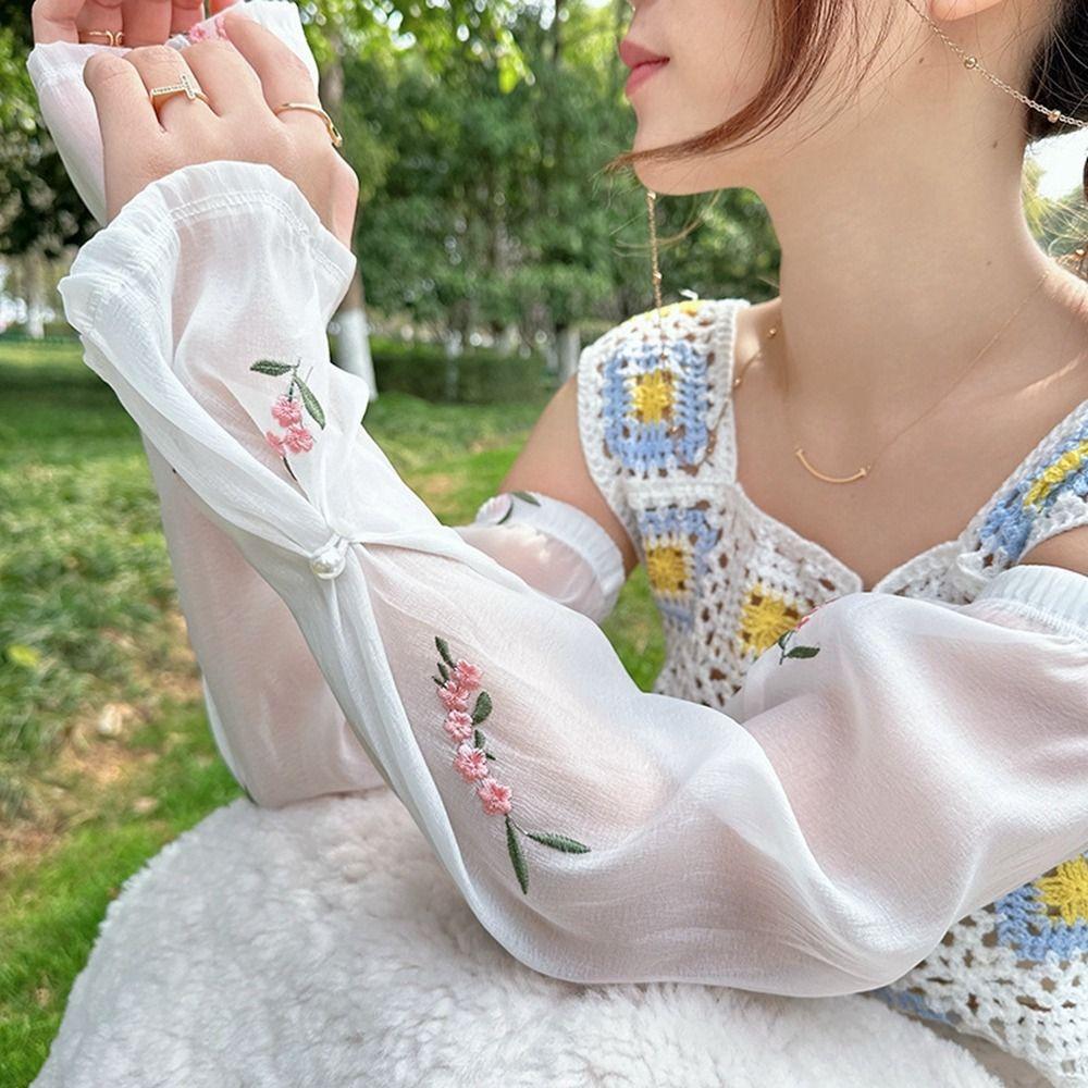 Anti-UV Sunscreen Sleeve Pearl Buckle Embroidery Flower Ice Silk Sleeves Cute Outdoor