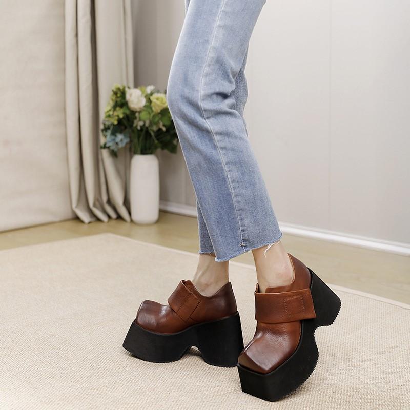 Johnature Туфли из натуральной кожи в стиле ретро на толстой подошве 10 см, женские однотонные туфли на платформе с квадратным носком