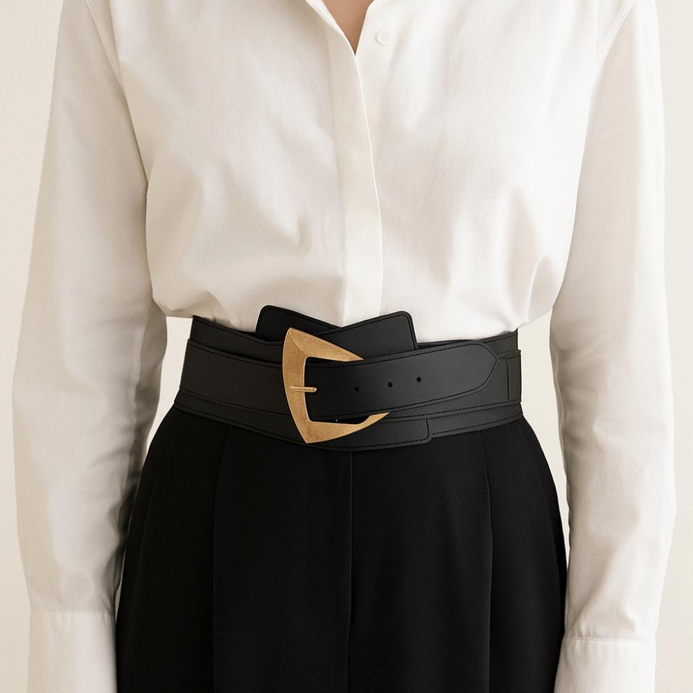 Black Color Elastic Wide Cummerbunds Metal Buckle Versatile Waist Belt Sweater Pairing