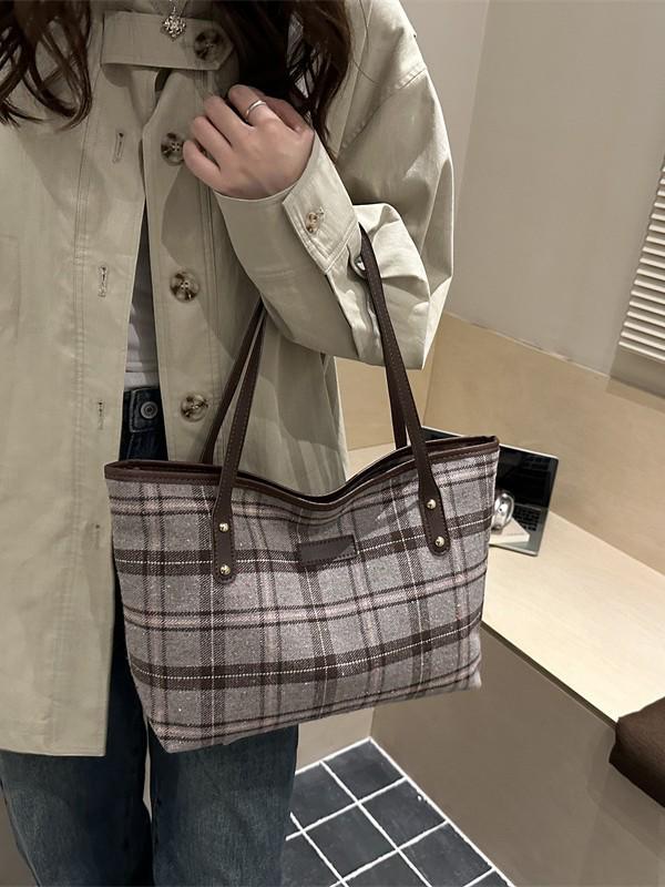 Korean Style Plaid Tote Bag - Classic Versatile Large Capacity Shoulder Bag