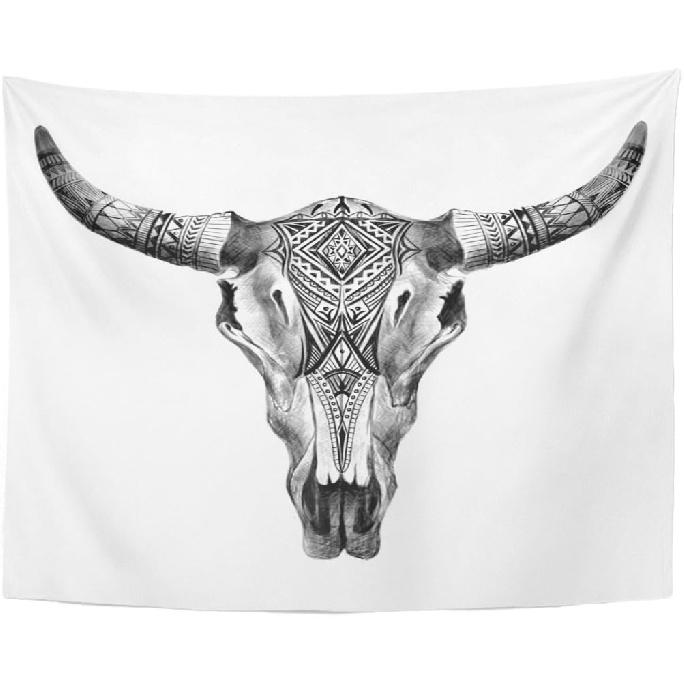 Emvency Tapestry Bull Aztec Longhorn Skull Cow Tribal Western Animals Home Decor Wall Hanging for Living Room Bedroom Dorm 50x60 inches