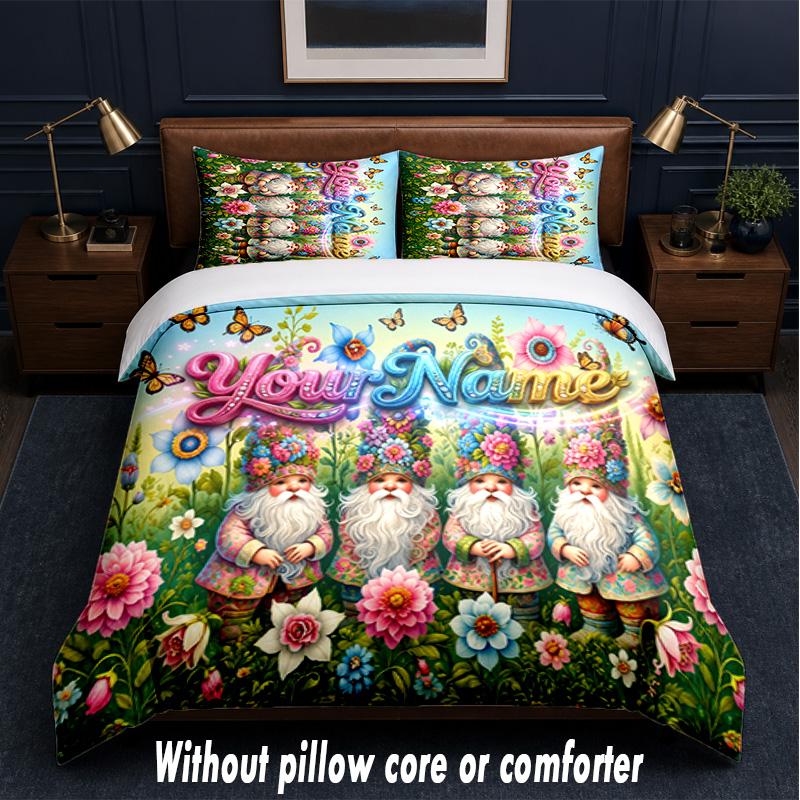 Gnome Theme Custom Text Or Name 3Pcs Bedding Set,1 Flat Sheet & 2 Pillowcases Personalized Home Bedding
