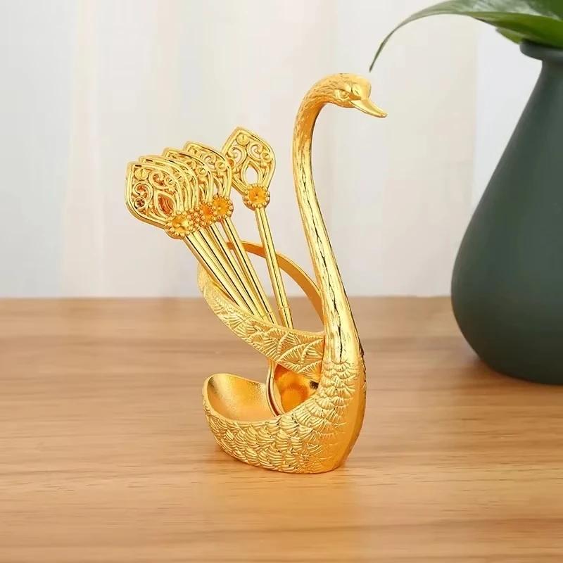 Swan Tableware Holder Base Elegant Gold Alloy Fruit Fork and Spoon Cutlery Set Dessert Teaspoon Dinnerware Kitchen Accessories