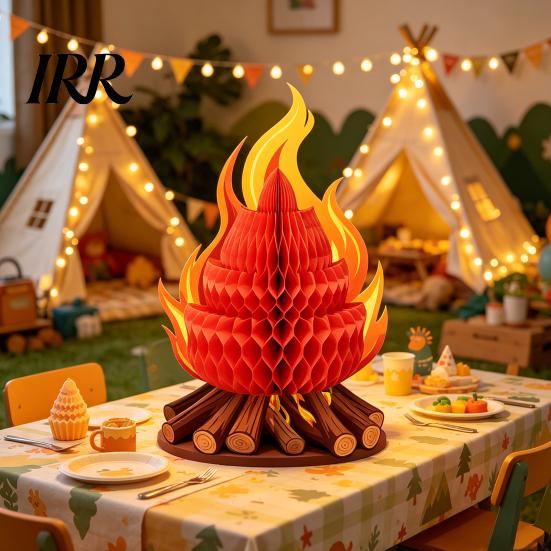Folding Honeycomb Campfire Fake Decoration 3D Paper Centerpiece Artificial Outdoor Camping Party Decor Flame Ornament for Camp Bachelorette